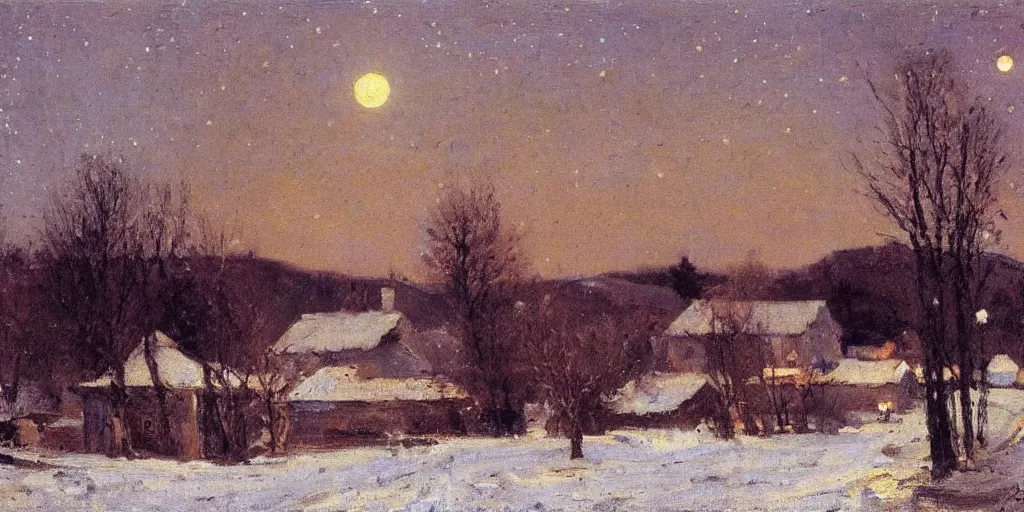 Prompt: a scene of a small rural russian village at night, stars, moon, wintertime, painting by frank weston benson