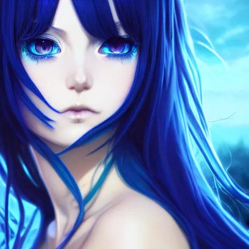 Prompt: attractive long blue - haired girl with bangs gothic anime character with amber eye color gold, fantasy, screenshot, anime, sharp focus, intricate, illustration, cell shaded, digital painting, highly detailed, concept art, matte, art by ilya kuvshinov and kyoto animation and wlop, and greg rutkowski, studio quality, james jean