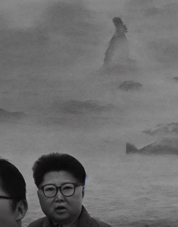 Image similar to very low - resolution found footage of kim jong - il and a starfish kaiju monster, fog, foggy, korean film noir, monochrome, red hue, thriller, underdeveloped, epic, dramatic