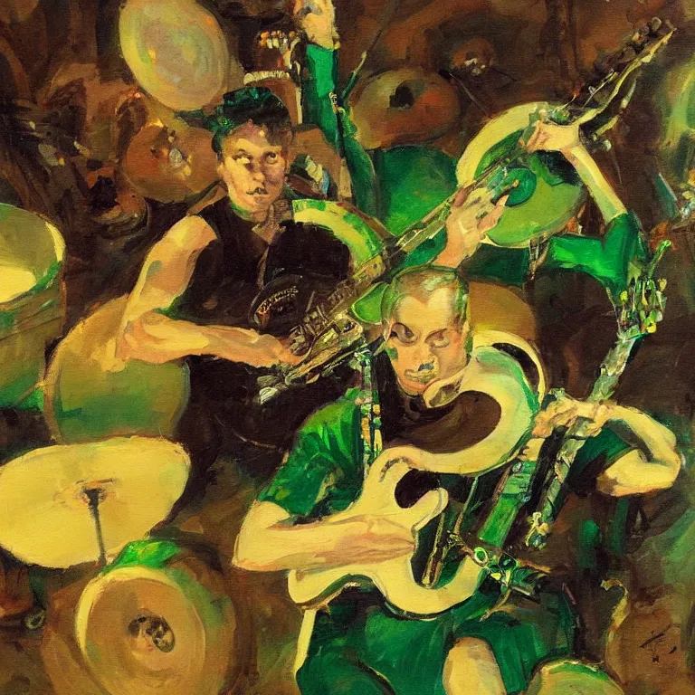 Image similar to a beautiful painting by dean cornwell of an octopus playing drums and telecaster guitar in a rock concert, dark background, green concert light, dark mood