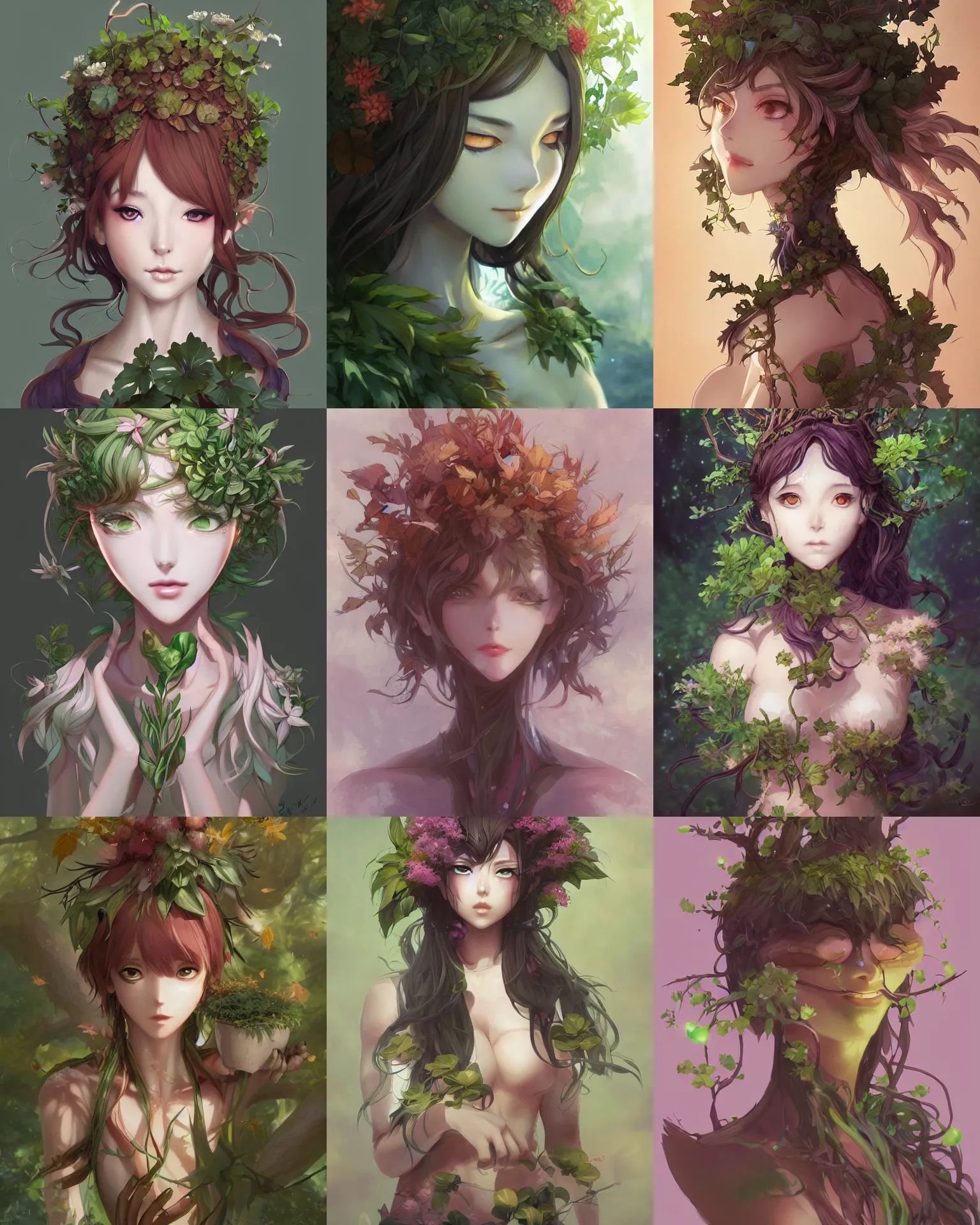 Prompt: character concept art of an anime dryad, plant person, pretty face, by hyeyoung kim, stanley artgerm lau, wlop, rossdraws, james jean, andrei riabovitchev, marc simonetti, and sakimichan, tranding on artstation