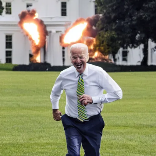 Prompt: Joe Biden running away from a missile strike in the front yard of the White House, big explosion behind him, people running behind out of focus