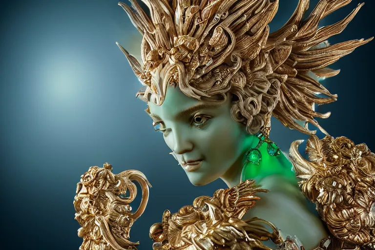 Image similar to a closeup photo - real delicate ceramic porcelain sculpture of an ornate detailed phoenix goddess in front of an intricate background by rafael, micro detail, backlit lighting, subsurface scattering, translucent, thin porcelain, emerald, jade, octane renderer, colorful, physically based rendering, trending on cgsociety