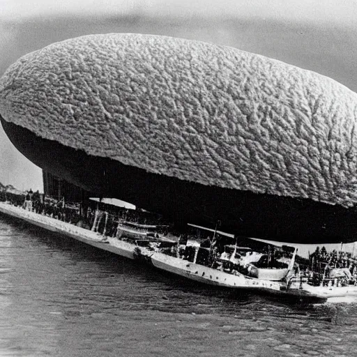 Image similar to footage of the Hindenburg, Hindenburg made of watermelon. Black and white photography