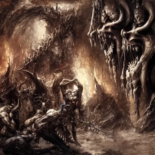 Image similar to jazz quartet in hell, intricate detail, royo, vallejo, frazetta, giger, whealan, hd, unreal engine,