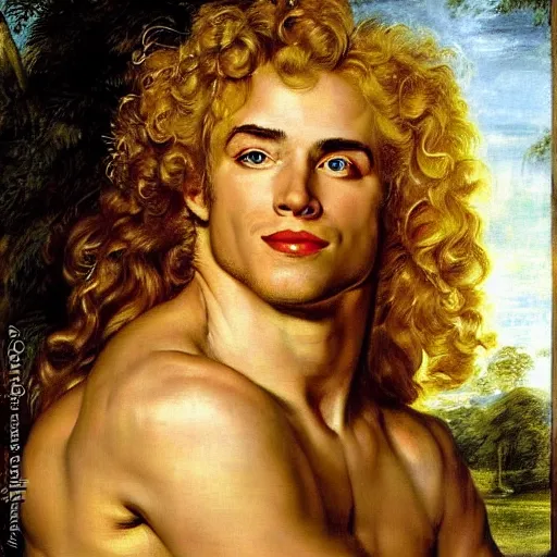 Prompt: beautiful portrait painting of Dio Brando with long curly blond hair, delicate young man wearing an open poet shirt smiling sleepily at the viewer, symmetrically parted curtain bangs, in love by Peter Paul Rubens and Norman Rockwell