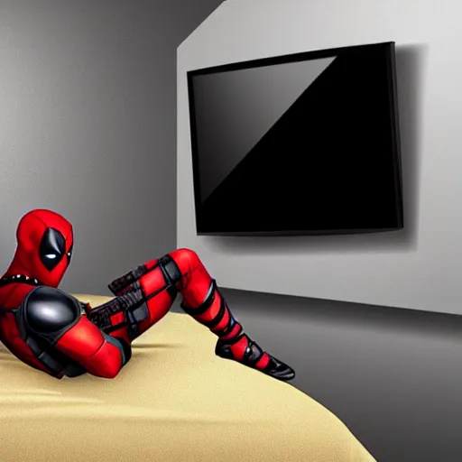 Image similar to deadpool trying to break into your room through the tv screen