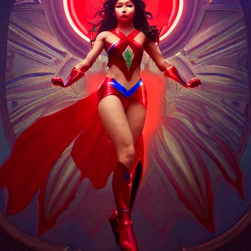 Prompt: nadine lustre as darna, volumetric lights, red and cyan theme, art nouveau botanicals, intricate, highly detailed, digital painting, artstation, concept art, smooth, sharp focus, cinematic, illustration, beautiful face, art by artgerm and greg rutkowski and alphonse mucha