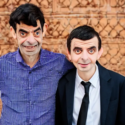 Image similar to A portrait mr bean teams up with a teenage mr bean, perfect faces, 50 mm, award winning photography
