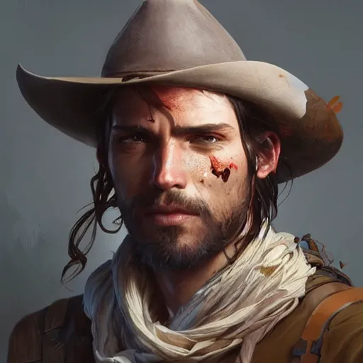 Image similar to a male rugged cowboy, bleeding, D&D, fantasy, intricate, elegant, highly detailed, digital painting, artstation, concept art, smooth, sharp focus, illustration, art by artgerm and greg rutkowski and alphonse mucha