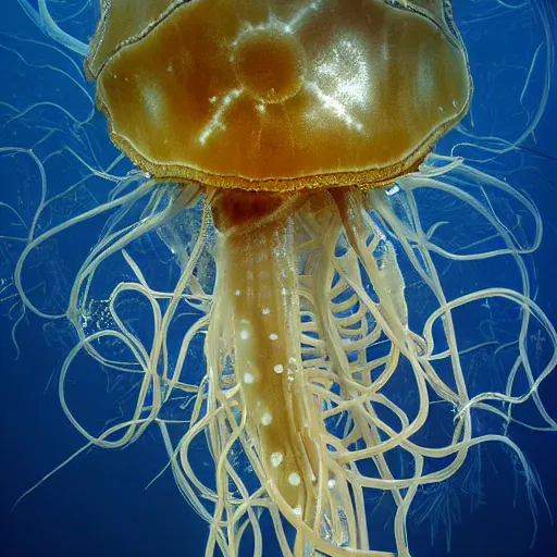 Prompt: underwater photograph of a jellyfish carrying a human skull with its tentacles on shallow waters, strange, hyper detailed, fractal, mutant, tendrils, tentacles, glowing, tropical, crystal waters, reef