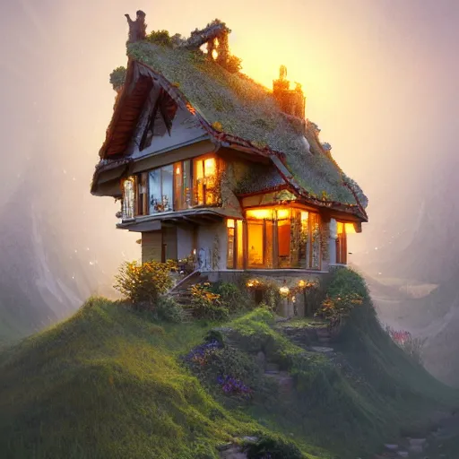 Image similar to small hillside house made of honey and milk, modern lighting, hyper - detailed, 8 k, octane rendered, art nouveau, organic, flowing, impossible torsion, writhing, dusk, lush, dynamic, in the style of ross tran and jean baptiste monge