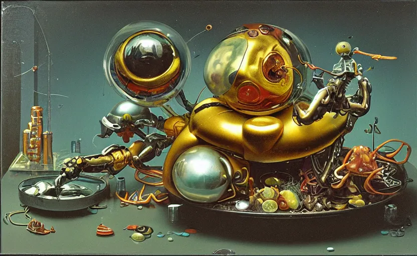 Image similar to strange futuristic robot body, disturbing colorful oil painting dutch golden age vanitas still life sparse composition with bizarre intricate tiny objects strange gooey transparent surfaces shiny metal reflections bizarre mutant meat insects rachel ruysch dali todd schorr very detailed perfect composition rule of thirds masterpiece canon 5 0 mm, cinematic lighting, photography, retro, film, kodachrome