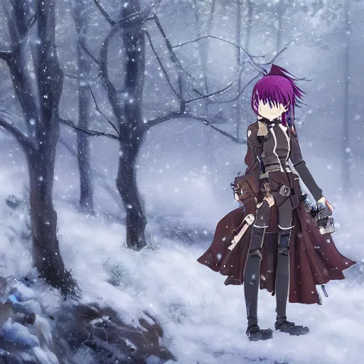 Prompt: a girl with steampunk armour and weapons walking through a foggy forest, studio ghibli, extremely detailed, ominous, snowy, snowing, dead trees, anime,