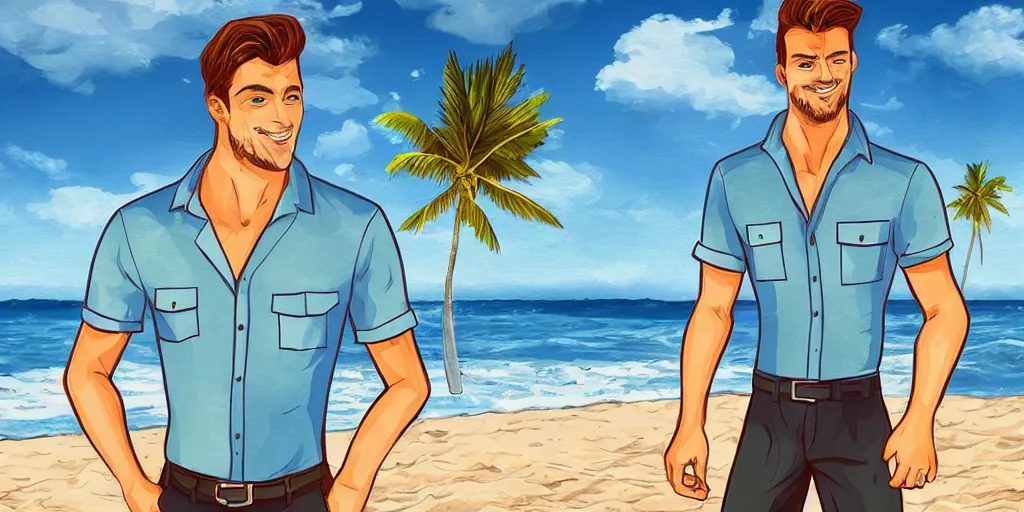 Image similar to a handsome guy is standing tall, in a beautiful shirt, with the beach, sea, sun, rays in the background? super detail, one character