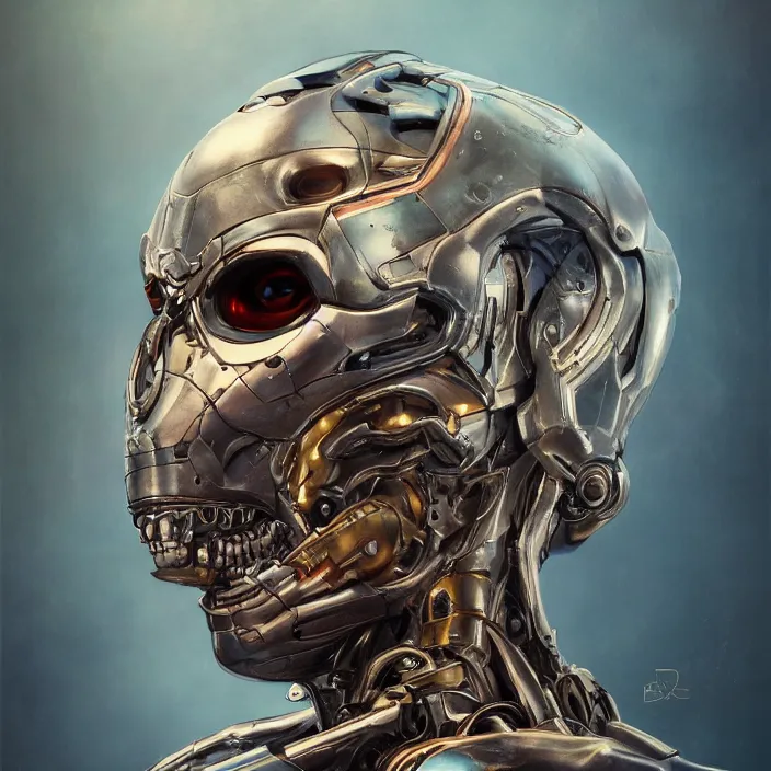 Prompt: portrait of a topaz Ultron from Age of Ultron, clockwork steampunk, front profile head and chest only, cybernetic skull-like head, by Beksinski, 4k, deviantart, trending on artstation