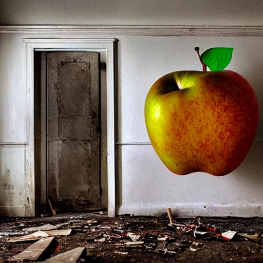 Prompt: a giant rancid apple floating in an abandoned room