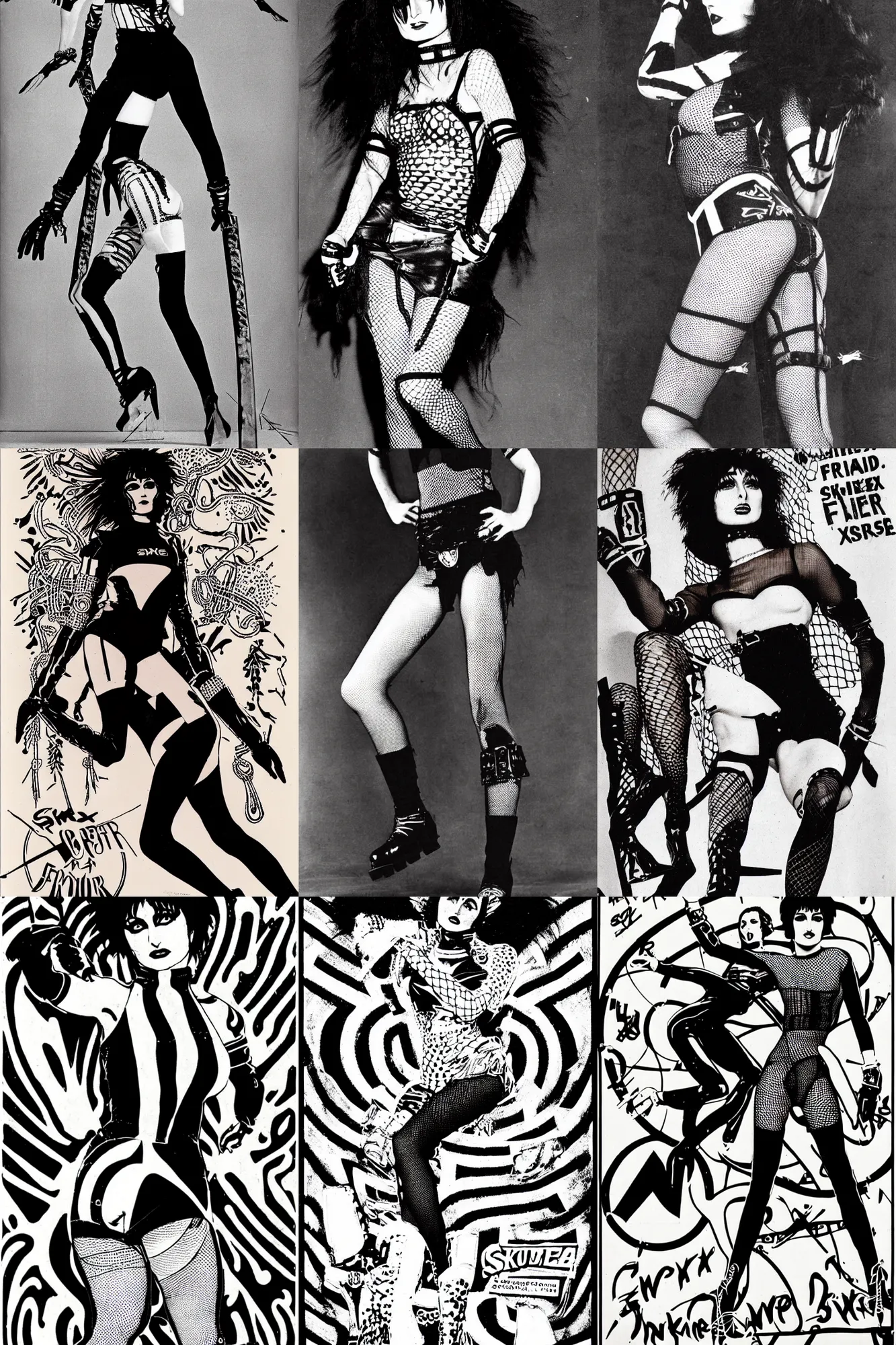 Prompt: siouxsie sioux roller derby girl sprinting Cross-Over, full length portait, fishnet tights, torn, ripped, logo design by Philippe Caza, 1960s