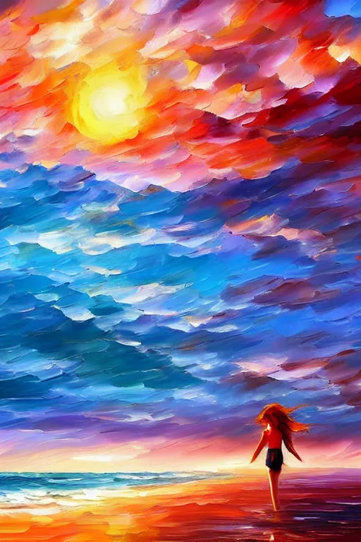 Image similar to a red haired young girl beach surreal, sunrise, dramatic light, impressionist painting, colorful clouds, digital painting, artstation, leonid afremov