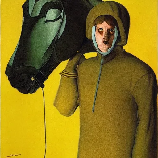 Image similar to portrait horse-face Nightmarish Horse Man Warlock the Bobby Fischer camouflaged as a Pony wearing a yellow hoodie eyvind earle greg rutkowski edgar degas andrew wyeth giorgio de chirico