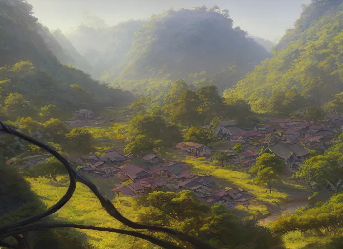 Prompt: concept art painting of a distant small woodland village in a valley seen from above, early morning, european japanese buildings, beside a river, cel shaded, detailed, by makoto shinkai and moebius and greg rutkowski and james gurney