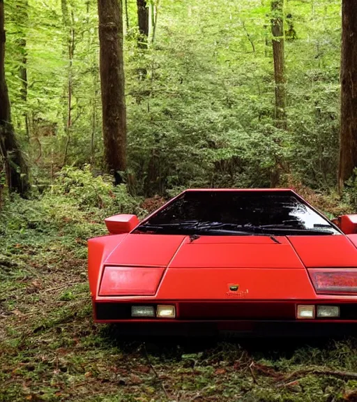 Image similar to 1988 Lamborghini Countach hanging from a tree by invisible force Abandoned in the Woods