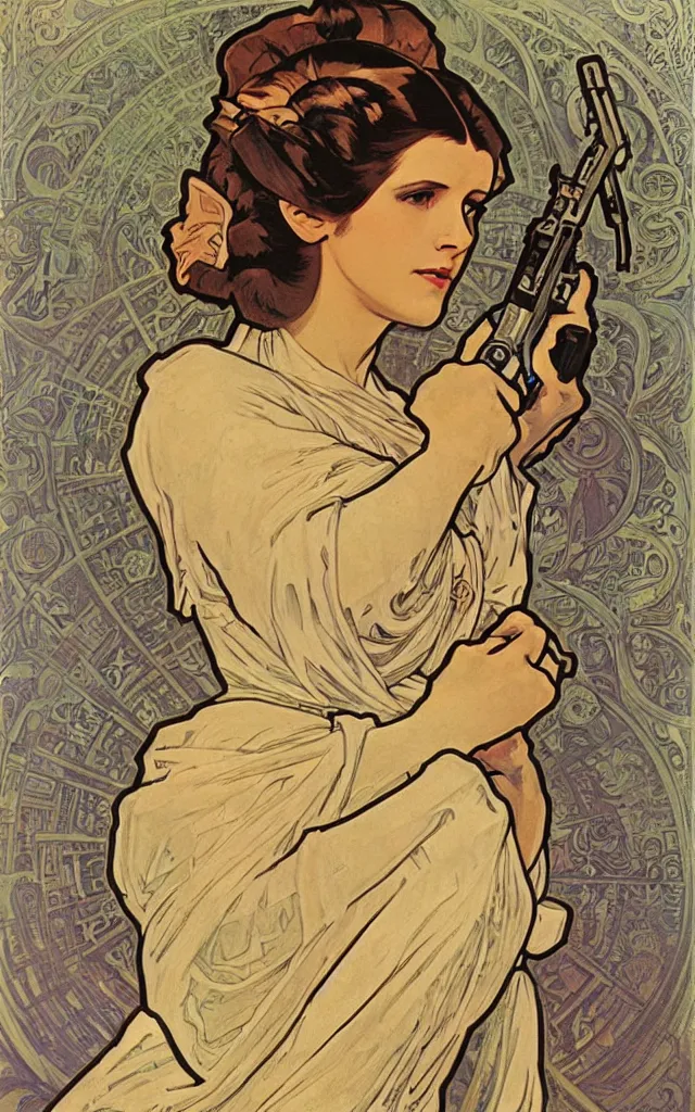 Prompt: Princess Leia by Alphonse Mucha