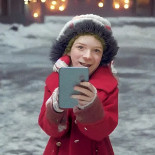Image similar to the kid from polar express holding out his phone