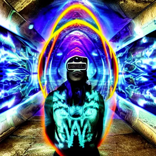 Prompt: a third eye shaman with embossed transparent bags full of water exoskeleton virtual reality brain headset embracing time machine tunnel thunder energy portal in cumulonimbus storm