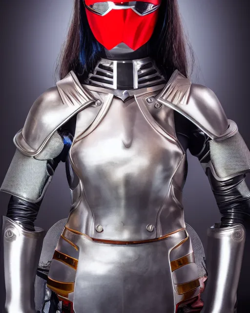 Image similar to realistic photo portrait of a metal hero sentai woman with human head, studio lighting, 1 5 0 mm