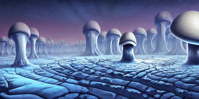 Image similar to painting artic snow covered alien mushroom labyrinth consuming futuristic mega city from blade in the style of florapunk by tomasz alen kopera and daniel lieske with futuristic castle by simon stahlenhag