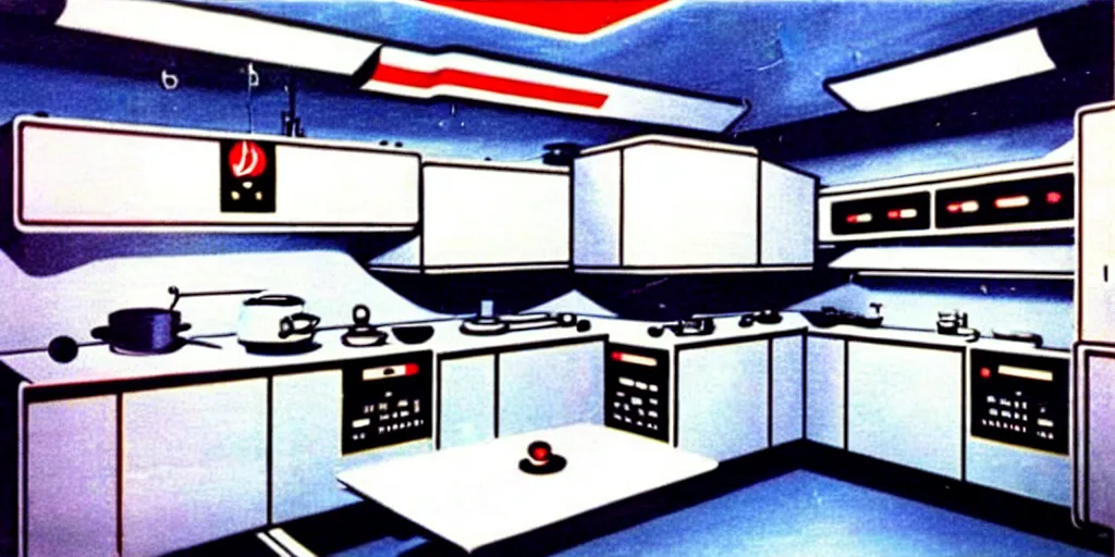 Image similar to soviet retro - futuristic kitchen, space station