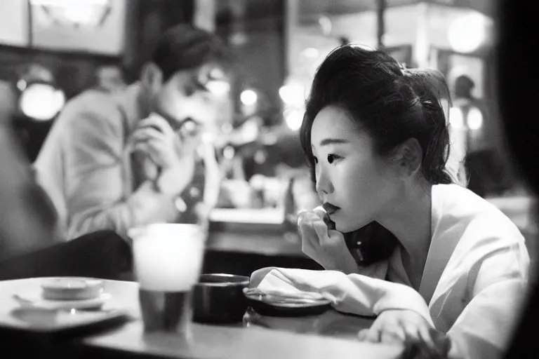 Image similar to movie interior closeup beautiful Japanese model couple closeup sitting and talking at 50s diner, night in the city, beautiful skin, by Emmanuel Lubezki