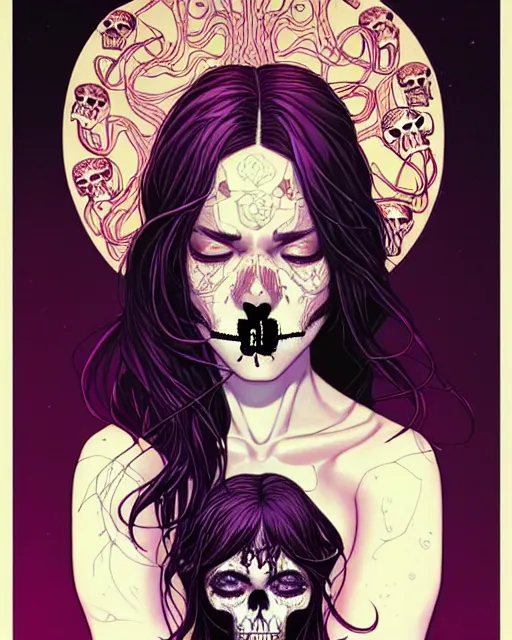 Prompt: comic cover art of a beautiful girl with tears in her eyes, skulls in the background, illustration by jenny frison and sana takeda, intricate details, stunning inking lines, stunning gradient colors, 4 k, hd, artstation, award winning