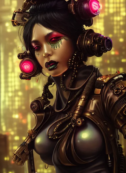 Prompt: soft lustrous ebony geisha raver gutter punk steampunk cyborg, yakuza, golden ratio, details, scifi, fantasy, cyberpunk city, intricate, decadent, highly detailed, octane render, digital painting, artstation, concept art, sharp focus, illustration, art by artgerm, loish, wlop