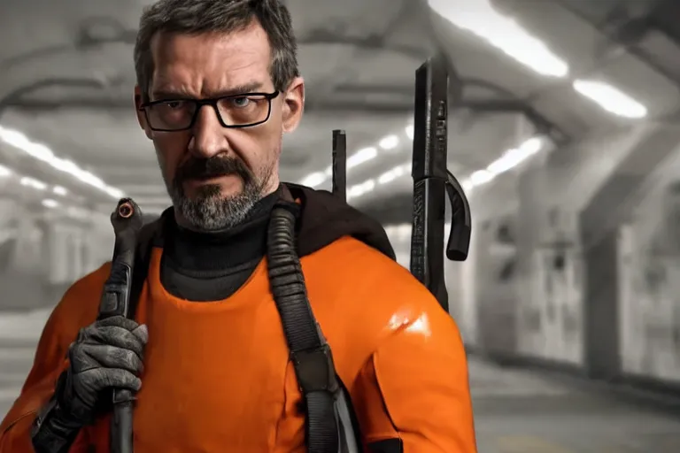 Image similar to vfx movie closeup real life gordon freeman holding wearing futuristic armor, half life logo on chest, crowbar in russian train yard by emmanuel lubezki