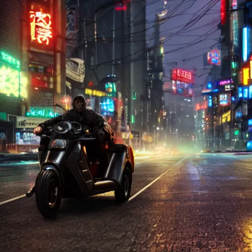 Prompt: spawn riding a tricycle in a neotokyo street, cyberpunk, movie still, 4 k