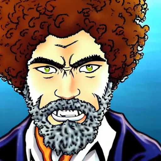 Image similar to Bob Ross in jojo bizarre adventure, anime, Araki style