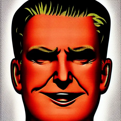 Prompt: character portrait inspired by max headroom and donald trump, digital art work made in comic art style, highly detailed macabre face