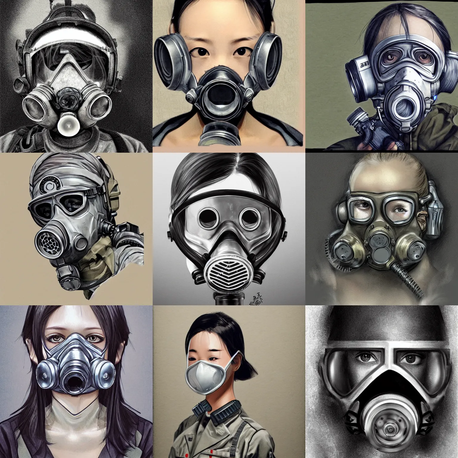 Prompt: girl silver hair, multicam, gas mask, realistic illustration by Hiroaki Samura, portrait