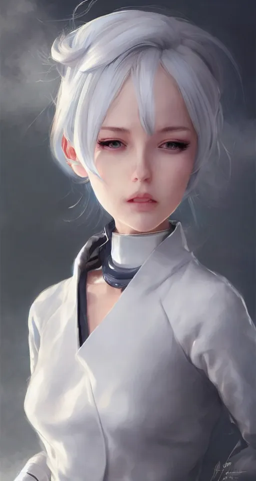 Image similar to a portrait of a scientist android girl with silver hair wearing white suit by artgerm and wlop and krenz cushart, painterly