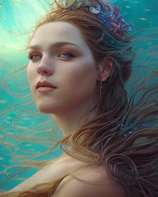 Prompt: mermaid portrait | highly detailed | very intricate | symmetrical | cinematic lighting | award - winning | closeup portrait | painted by donato giancola and mandy jurgens and charlie bowater | featured on artstation