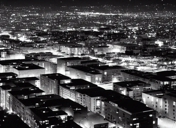 Image similar to a sprawling building complex seen from a dark parking lot in los angeles at night. 1 9 9 0 photo by james cameron. urban photography