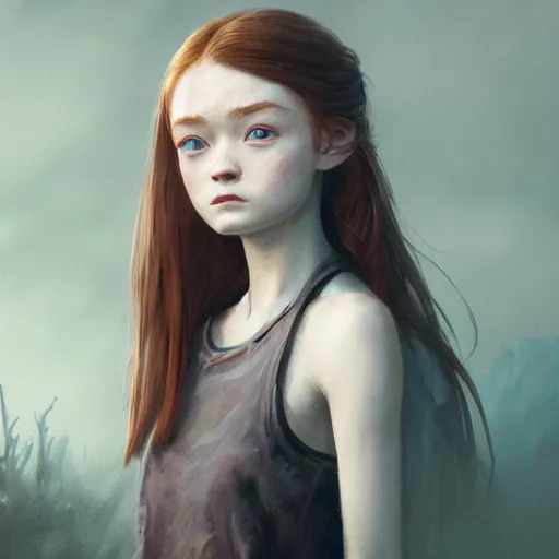 Image similar to a highly detailed epic cinematic concept art CG render digital painting artwork: 20-year-old Sadie Sink. By Greg Rutkowski, Ilya Kuvshinov, WLOP, Stanley Artgerm Lau, Ruan Jia and Fenghua Zhong, trending on ArtStation, subtle muted cinematic colors, made in Maya, Blender and Photoshop, octane render, excellent composition, cinematic atmosphere, dynamic dramatic cinematic lighting, precise correct anatomy, aesthetic, very inspirational, arthouse