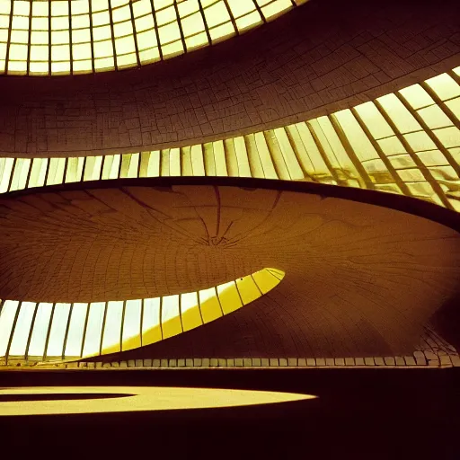 Prompt: interior balcony of a futuristic lotus temple with gold, red and white marble panels, in the desert, by buckminster fuller and syd mead, intricate contemporary architecture, photo journalism, photography, cinematic, national geographic photoshoot