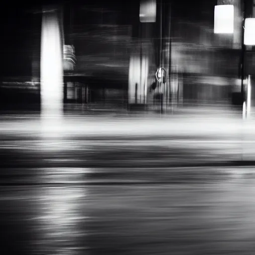 Image similar to an abstract photograph of a lonely male shadowy figure, he is dancing, there is a dark street, it is flooded with water, long exposure, motion blur, 35mm, black-and-white