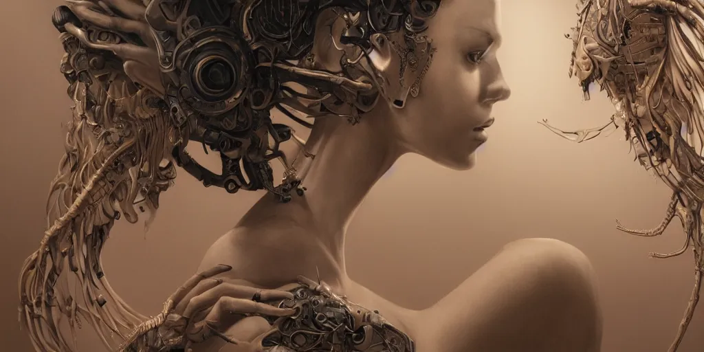 Prompt: hyperrealistic photography of a highly detailed and symmetrical gorgeous cyborg female, elbow, armpit, knee, hands holding in the style of beth cavener, jin kagetsu, james jean and wlop, highly detailed, face symmetry, masterpiece, award - winning, sharp focus, intricate concept art, ambient lighting, 8 k, artstation