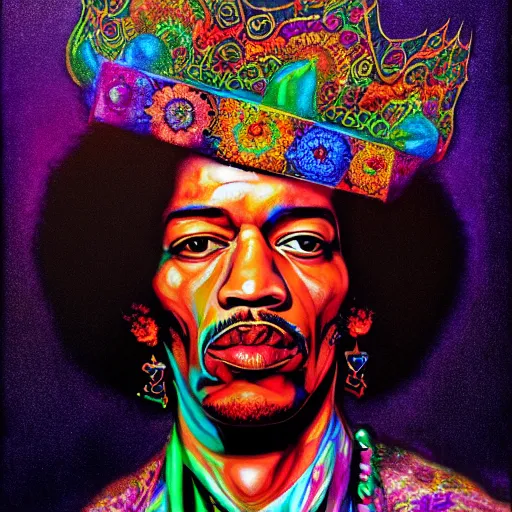 Image similar to An extremely psychedelic portrait of Jimi Hendrix wearing a crown, surreal, LSD, face, detailed, intricate, elegant, lithe, highly detailed, digital painting, artstation, concept art, smooth, sharp focus, illustration