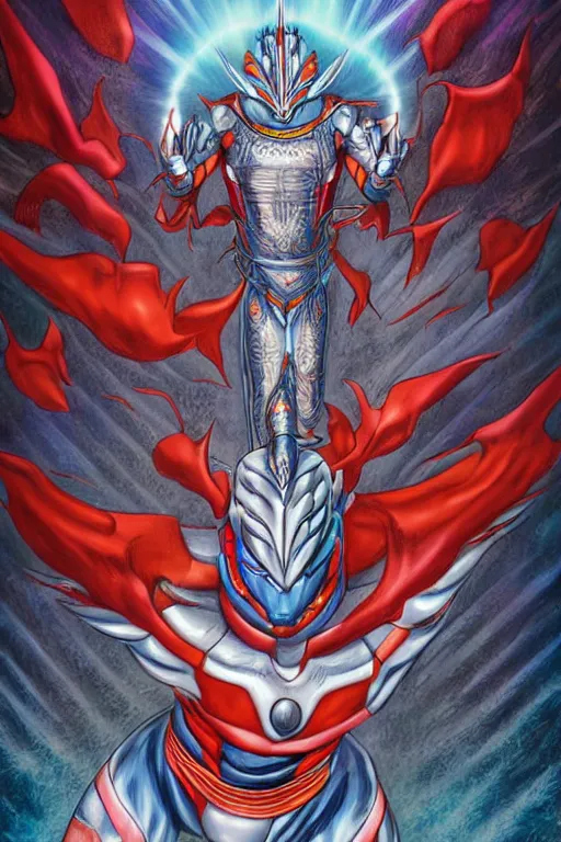 Prompt: ultraman brahma, realistic, art by jacqueline e, color by tafy laplanche, background by bo feng lin