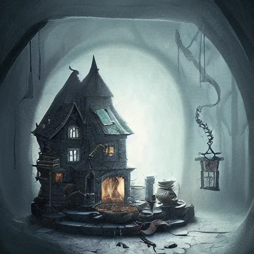 Image similar to interior witch's house with a cauldron smoking, one crow, fantasy art, in the style of greg rutkowski, illustration, epic, fantasy, cinematic, intricate, hyper detailed, artstation, concept art, smooth, sharp focus, ray tracing